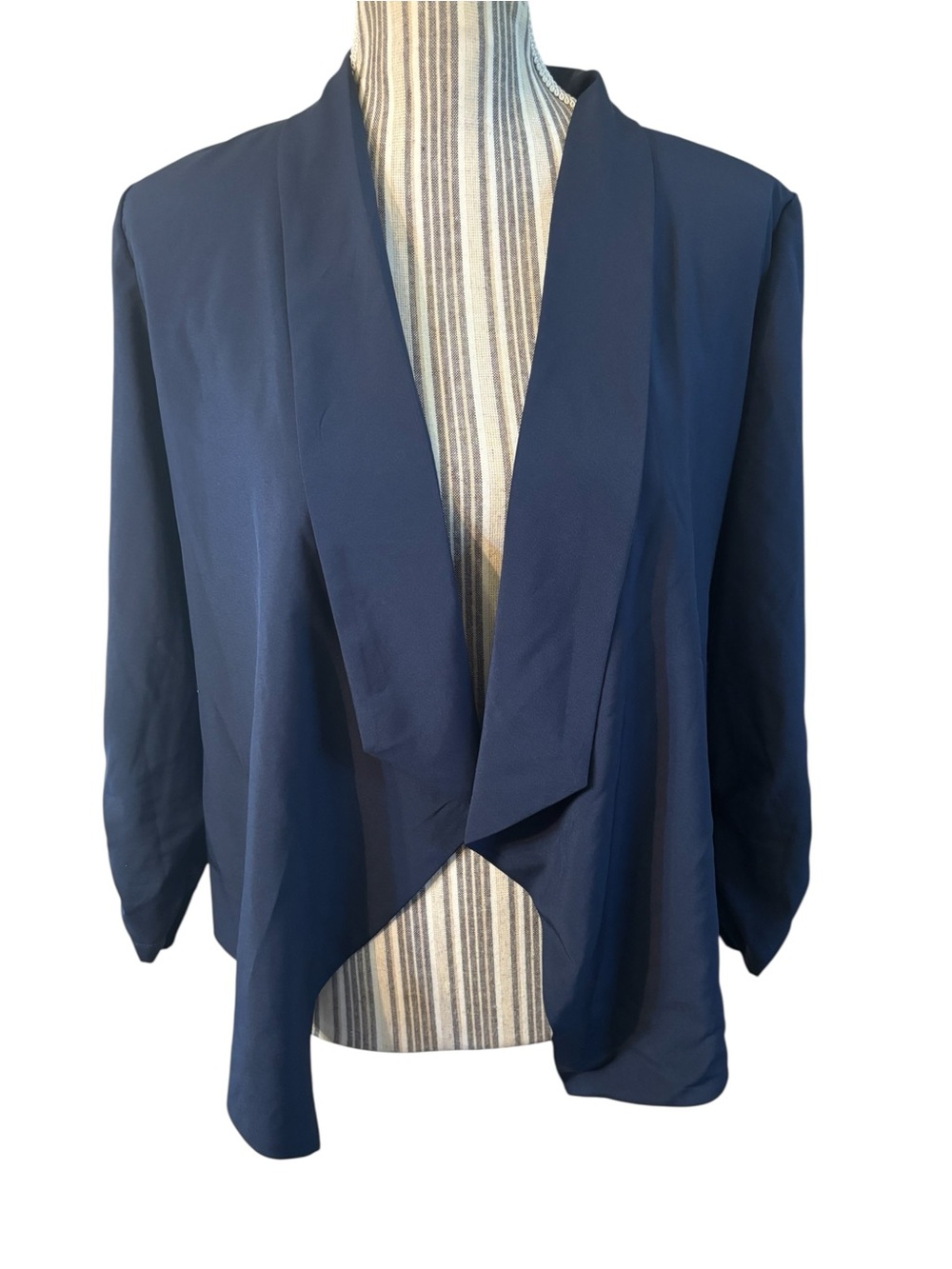 MINE Jacket Medium Navy Blue Draped Open-Front Blazer 3/4 Ruched Slvs Lace Panel